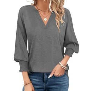 PGANDS Women's V Neck 3/4 Sleeve Top Large Dressy Casual Shirts Loose Fit Gray